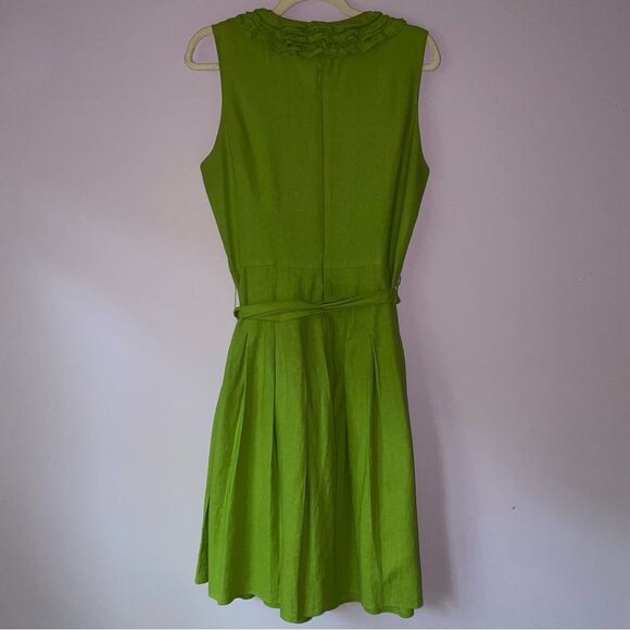 Jessica Howard Dress Size 14 Linen Blend Green Ruffle V Neck Pleated A Line - Picture 6 of 9